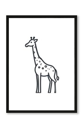 Linear drawing of an upright giraffe, with a long neck and spotted coat