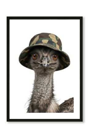 Funny emu wearing camouflage bucket hat portrait animal bird wildlife zoo photography isolated on transparent background