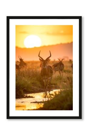 Majestic antelopes at sunset by a river