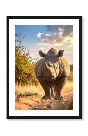 A rhino walks down a dirt path at sunset, grass, and trees nearby under soft light