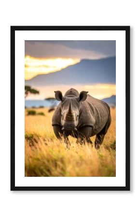 A majestic rhinoceros stands in an open field, scenic backdrop
