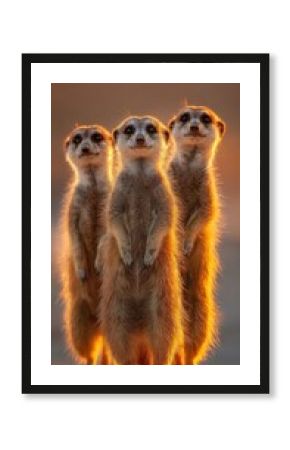 Three meerkats standing upright and looking.