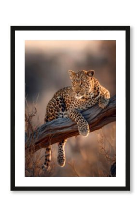 African leopard on tree branch