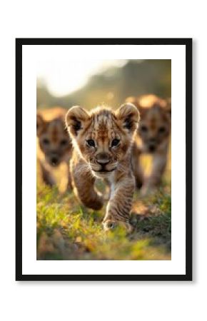 Three lion cubs run towards the camera through green grass, bathed in warm sunlight.