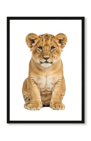 Cute lion cub portrait png image, baby lion sitting, animal clip art, wildlife photography, feline, predator, zoo animal isolated on transparent background