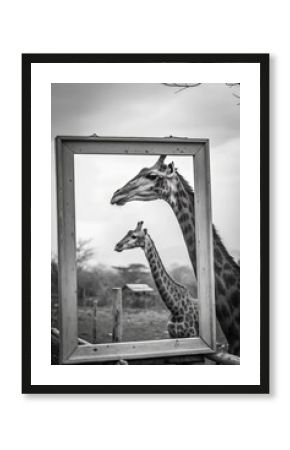 Black and white photograph of A picture frame with two giraffes inside the frame