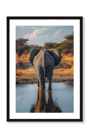 African elephant drinking at a waterhole from behind warm light wildlife safari Namibia
