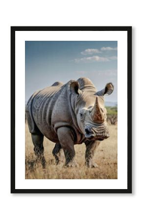 Side view full-body portrait of rhino animal, large gray herbivore with antlers, safari wildlife.