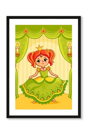 The little princess is performing on stage in a beautiful green dress. Vector illustration.