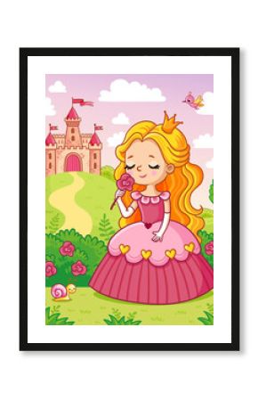 Little cute princess in a beautiful dress sniffs a red flower on the background of a castle in a green meadow.