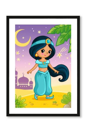 Princess Jasmine stands on the sand against the backdrop of the castle and the moonlit sky. Vector illustration.