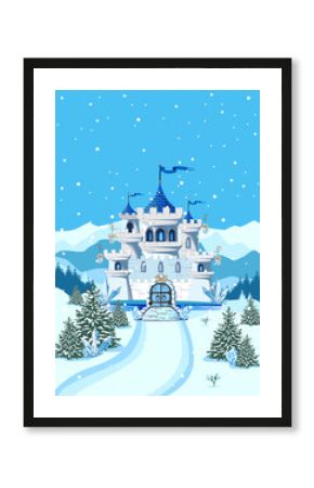 Fairy tale blue castle for a beautiful princess and prince with towers and blue crystals. Vector illustration of a magic castle on a winter background with mountains and snowfall.