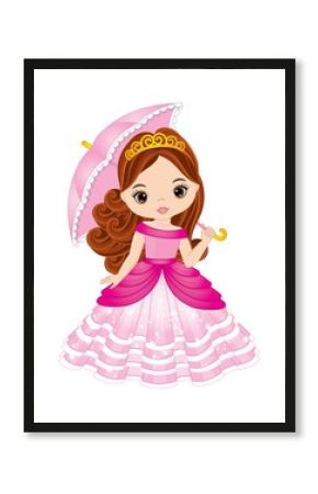 Vector Beautiful Princess Wearing Pink Dress and Tiara and Holding Umbrella. Vector Princess