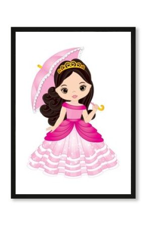 Vector Beautiful Princess Wearing Pink Dress and Tiara and Holding Umbrella. Vector Princess