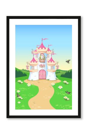 Fairy tale background with princess castle in the forest. Castle with pink flags, precious hearts, roofs, towers and gates in a beautiful landscape. Vector illustration for a fairy tale.