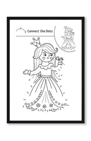 Vector dot-to-dot and color activity with cute princess and flower. Magic kingdom connect the dots game for children with girl. Fairy tale coloring page for kids. Fantasy printable worksheet.