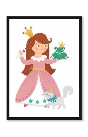 Fairy tale vector princess with frog prince and cat. Fantasy girl in crown isolated on white background. Medieval fairytale maid in pink dress. Girlish cartoon magic icon with cute character.