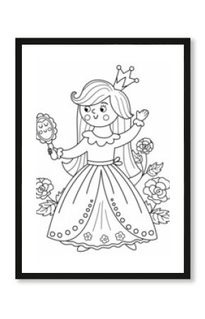 Fairy tale black and white vector princess with mirror and roses. Fantasy line girl in crown. Medieval fairytale maid coloring page. Girlish cartoon magic icon with cute character..