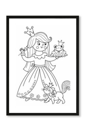 Fairy tale vector black and white princess with frog prince and cat. Fantasy line girl in crown. Medieval fairytale maid coloring page. Girlish cartoon magic icon with cute character..