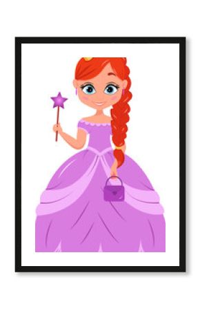 Illustration of a beautiful princess holding a magic wand in her hand on a white background. Vector illustration.