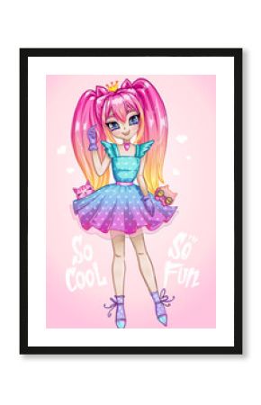 little princess girl illustration with phrasses "So cool" "So fun" and pets. Ballerina in gorgeous blue dress. Anime girl with line colorful hair and crown on had.
