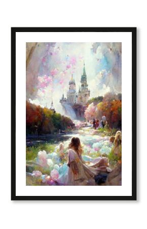 AI generated image of a beautiful fairy tale castle, with a little princess approaching it 