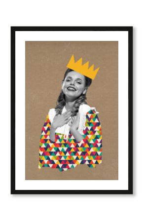 Art collage or design of happy princess in crown in magazine style. Young smiling girl or abstract woman thinking or dreaming about something on colorful background. Creative artwork.