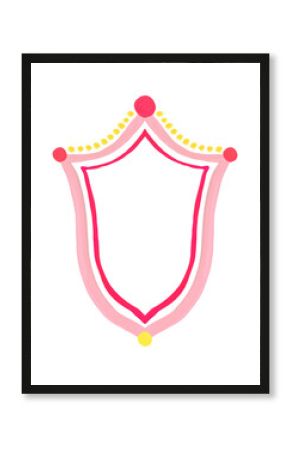Hand drawn pink gouache photo frame in the form of a shield from princess fairytale. Girls color decorative border for cards, invitation, congratulations