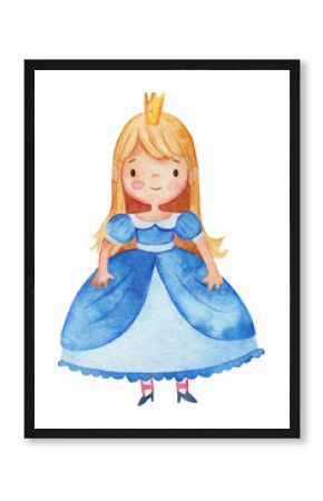Watercolor illustration of a cute little princess in a blue dress. Little blond girl illustration. Isolated on a white