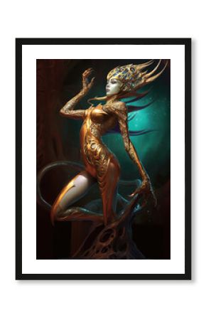 Beautiful alien girl, alien princess wearing golden armor, Fantasy creation. Generative AI illustration