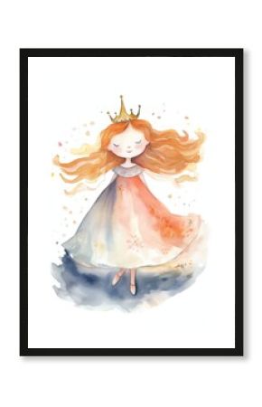 beautiful watercolor princess with ginger hair, fairytale, clipart illustration, isolated on white. Generative AI