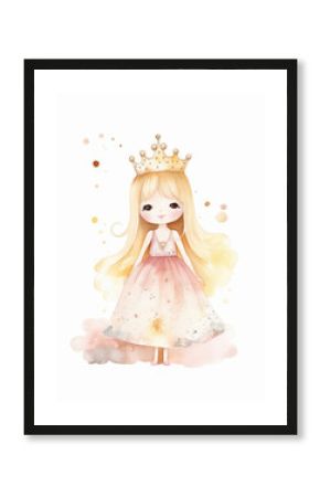 Watercolor Cute Princess Cartoon Nursery Illustration Isolated on White Background. Colorful Digital Animal Art for Kids