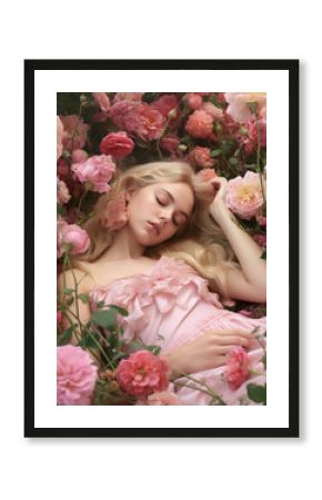 Woman sleeping in roses flowers in pink dress, fashion and beauty background. Blond young woman closeup portrait in roses garden by AI generative