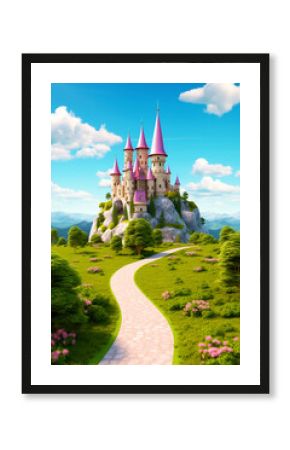 Magic kingdom in cartoon style with a road to the castle in a green meadow.
