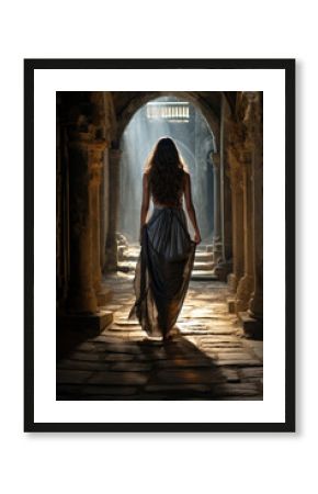 pretty brunette princess sorceress witch woman walking in a palace hall corridor. stone floor and columns. long blue dress. 