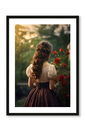back view of woman standing next to red roses with romantic vintage princess brunette hair