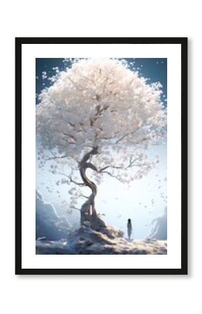 Enchanting in a white bridal gown, a lady stands under the moonlit forest, mesmerizingly graceful next to a majestic white tree. 