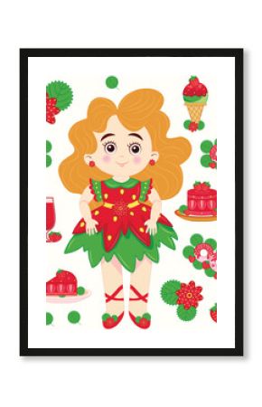 Seamless pattern with strawberry princesses, strawberries, cakes, drinks and flowers. Strawberry princess in cartoon style. Cute girls in red dresses among strawberries. Strawberry textile pattern. 