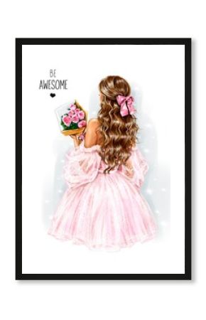 Fashion woman in pink tulle dress. Brunette hair girl holding flowers. Back view. Fashion illustration 