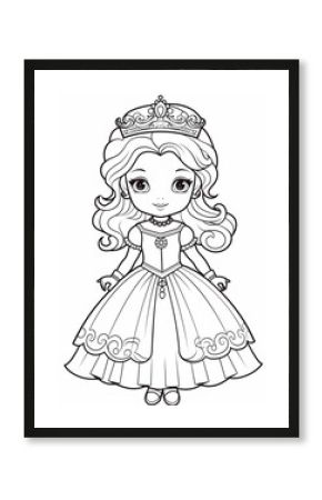 Outline art for a cute little beautiful princess suitable for coloring pages with a white background. 