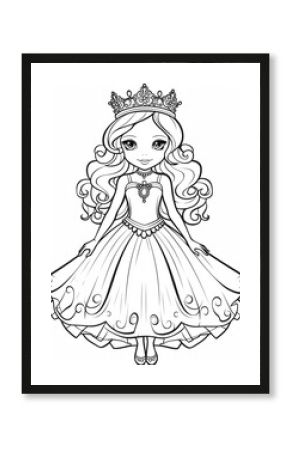 Outline art for a cute little beautiful princess suitable for coloring pages with a white background. 