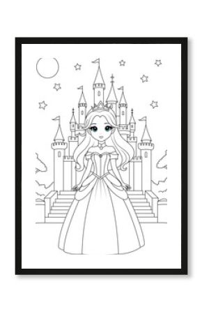 Coloring page chibi princess and a starlit castle.
