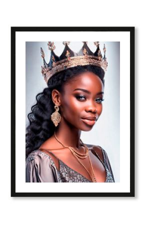 Beautiful black woman princess queen, wearing crown and luxurious jewelry, serious, with long curly hair, perfect skin, black eyes