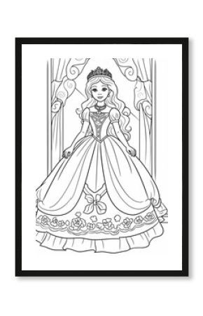 Coloring cute little princess. Coloring page activity for kids. Black and white worksheet for preschool kids.