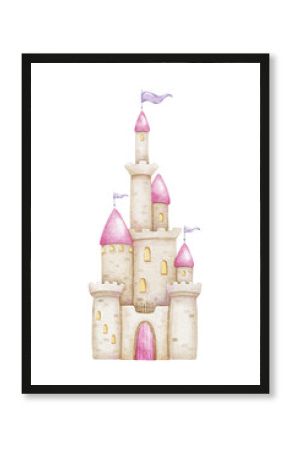 Cute fairy tale castle for a princess. Kingdom with towers, pink roofs and flags. Isolated watercolor illustration for decoration of children's rooms, baby shower, postcards, invitations, fabric