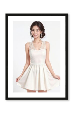 A photo of a beautiful woman wearing a white dress smiling brightly, perfect for a luxury casino