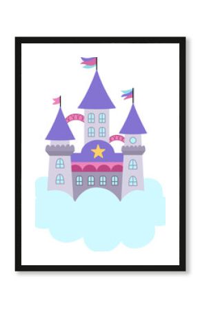 Vector unicorn castle on cloud. Fantasy world palace icon with towers, flags, purple roofs. Fairy tale princess house illustration isolated on white background.