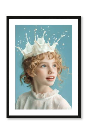 Teen girl with milk splash crown on light blue background