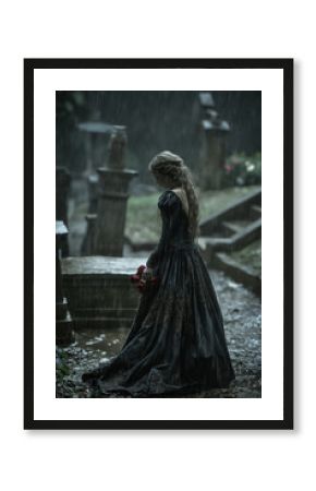 Victorian princess in black mourning at cemetery