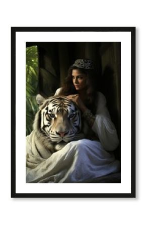 Enchanting Princess and Majestic Tiger in a Mystical Jungle. Beautiful Woman with Crown Smiling Next to Wild Animal. Fantasy Tale of Princess and Tiger in Magical Setting.